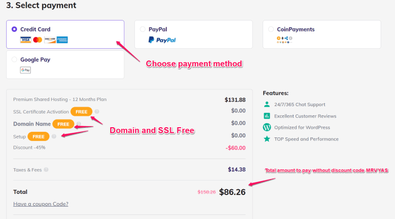 Payment type with hostinger hosting buy