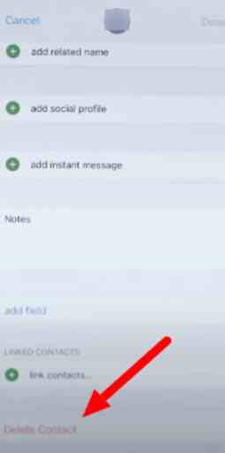 Clique na opção Excluir contato para excluir contatos duplicados no iPhone
