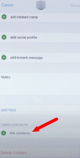 Clique na opção Link Contacts para excluir contatos duplicados no iPhone